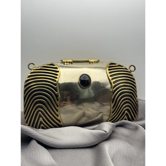 Vintage Oval Bag Golden Black Brass Onyx Stone Small Strap Black Nylon - Picture 2 of 6